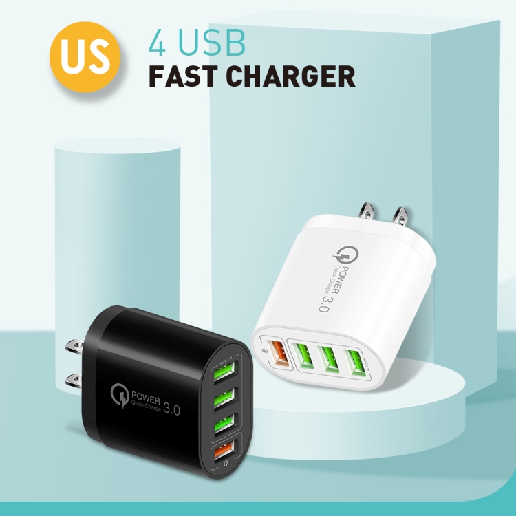 QC-04 QC3.0 + 3 x USB2.0 Multi-ports Charger with 3A USB to Micro USB Data Cable, US Plug(White) - B3
