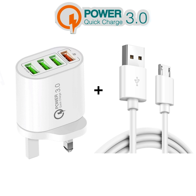 QC-04 QC3.0 + 3 x USB2.0 Multi-ports Charger with 3A USB to Micro USB Data Cable, UK Plug(White) - B2