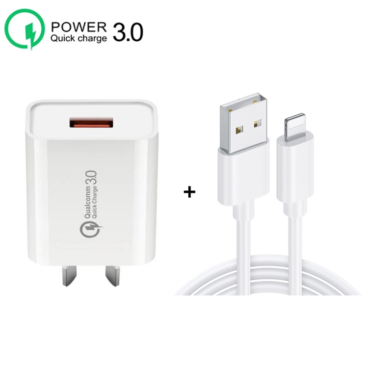 CA-25 QC3.0 USB 3A Fast Charger with USB to 8 Pin Data Cable, AU Plug(White) - B2