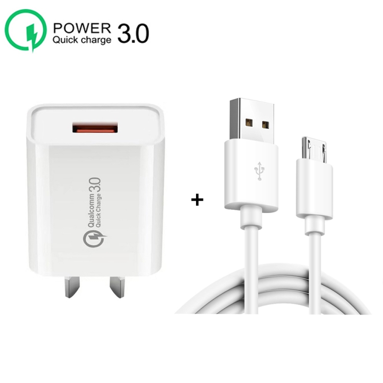 CA-25 QC3.0 USB 3A Fast Charger with USB to Micro USB Data Cable, AU Plug(White) - B2