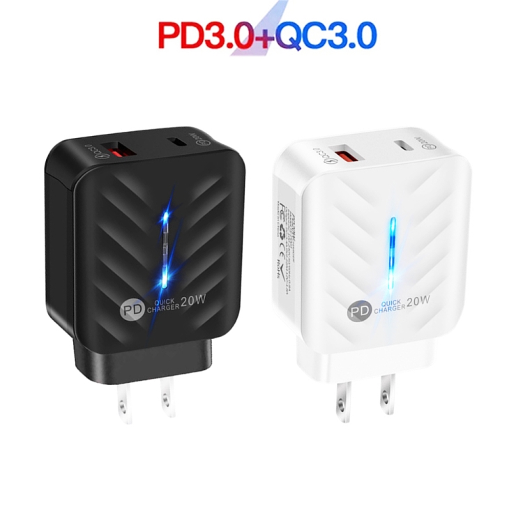 PD03 20W Type-C + QC3.0 USB Charger with Indicator Light, US Plug(Black) - B1