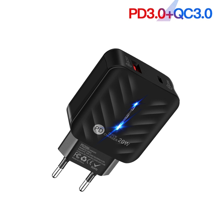 PD03 20W Type-C + QC3.0 USB Charger with Indicator Light, EU Plug(Black) - 1