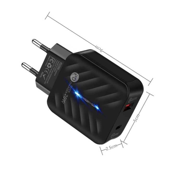 PD03 20W Type-C + QC3.0 USB Charger with Indicator Light, EU Plug(Black) - B3