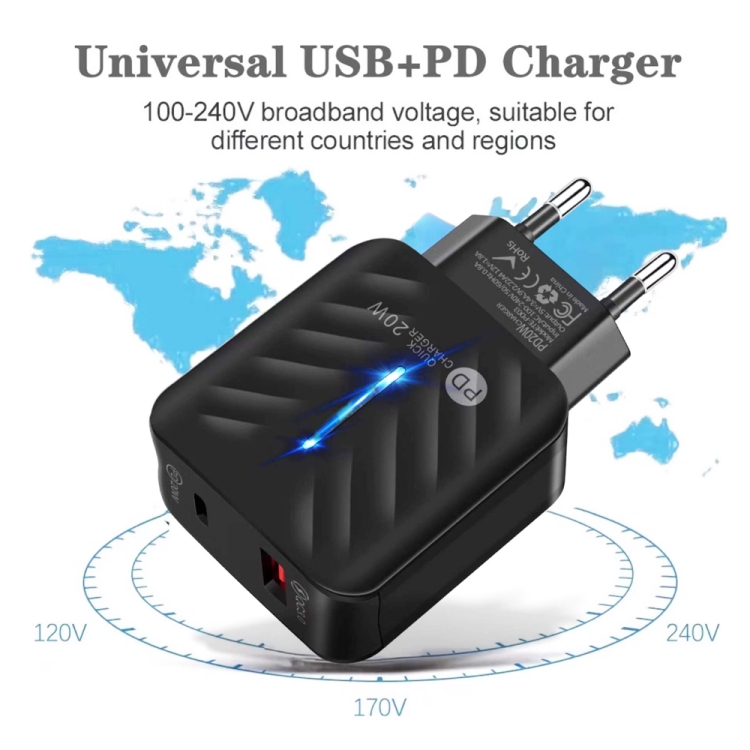 PD03 20W Type-C + QC3.0 USB Charger with Indicator Light, EU Plug(Black) - B4