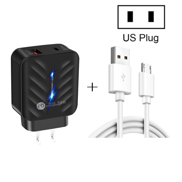 PD03 20W PD3.0 + QC3.0 USB Charger with USB to Micro USB Data Cable, US Plug(Black) - B1