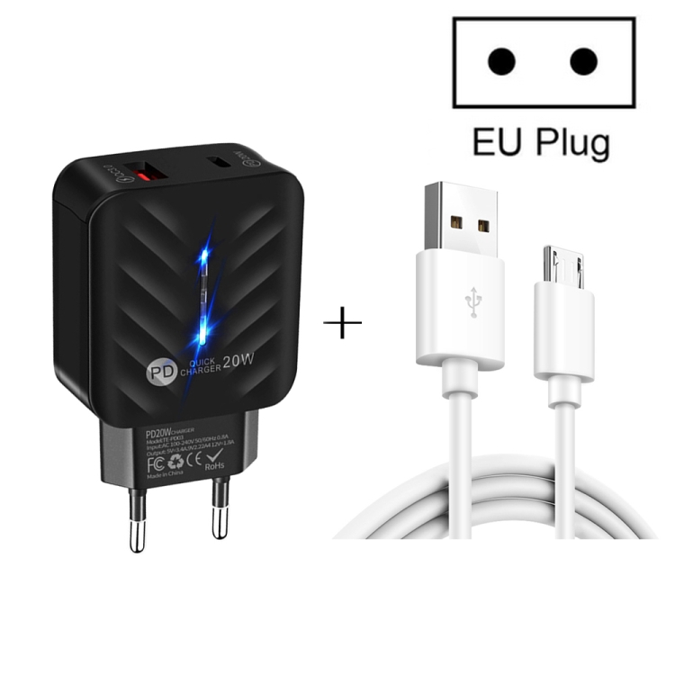 PD03 20W PD3.0 + QC3.0 USB Charger with USB to Micro USB Data Cable, EU Plug(Black) - B1