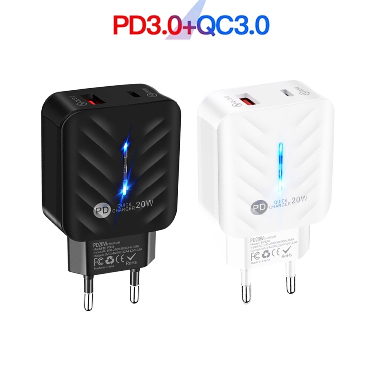 PD03 20W PD3.0 + QC3.0 USB Charger with USB to Micro USB Data Cable, EU Plug(Black) - B2