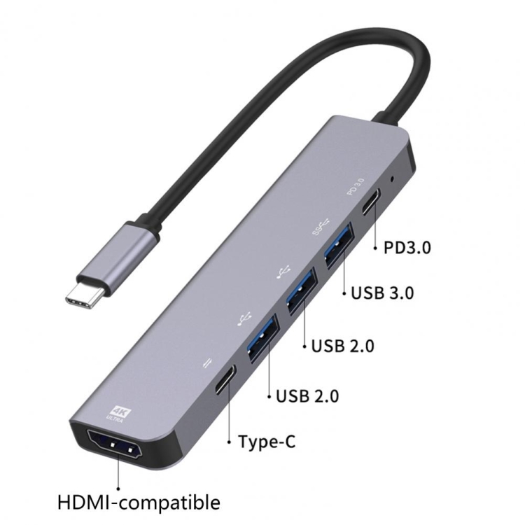 6-in-1 Type-C to HDMI + PD + Type-C + USB3.0 + USB2.0 x 2 Docking Station HUB Adapter - 2