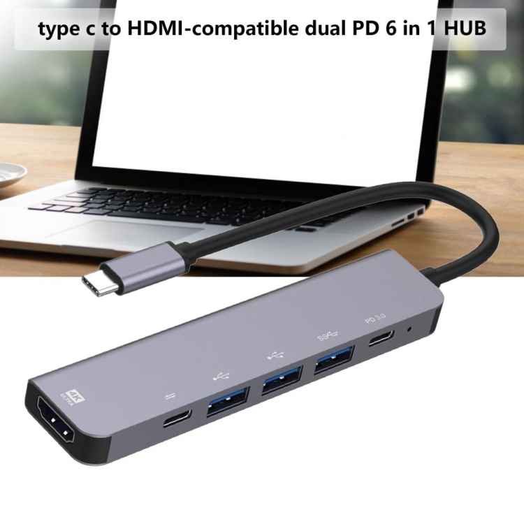6-in-1 Type-C to HDMI + PD + Type-C + USB3.0 + USB2.0 x 2 Docking Station HUB Adapter - 4