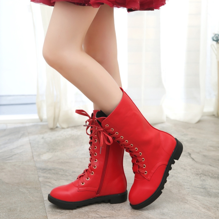Winter Leather Children High Boots, Size:27, Color:Red Thin Cotton