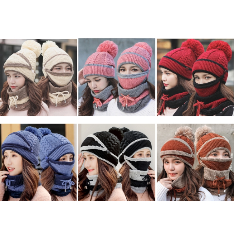 3 In 1 Female Winter Two-color Warm Woolen Cap Mask and Scarf, Size:Free Size(Caramel Colour)