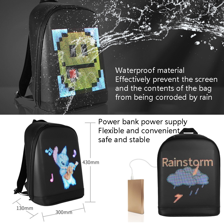 LED Display Backpack Smart Advertising Screen Waterproof PU Backpack, Size: 17 inch(Black) - B2