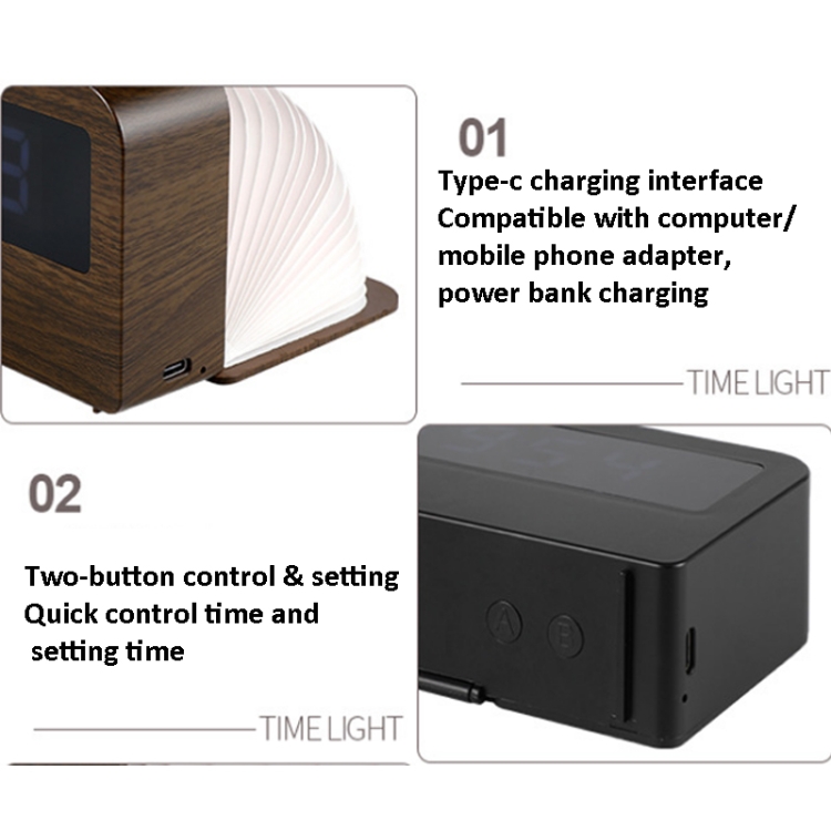 Y1 Wood-Grain Clock Desktop Folding Book-like LED Light(Black) - B3