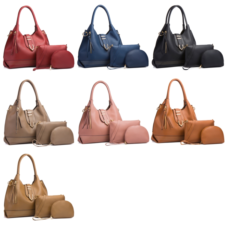 002 3 in 1 Ladies Rivet Diagonal Handbags PU Large-Capacity Bags(Brown) - B1