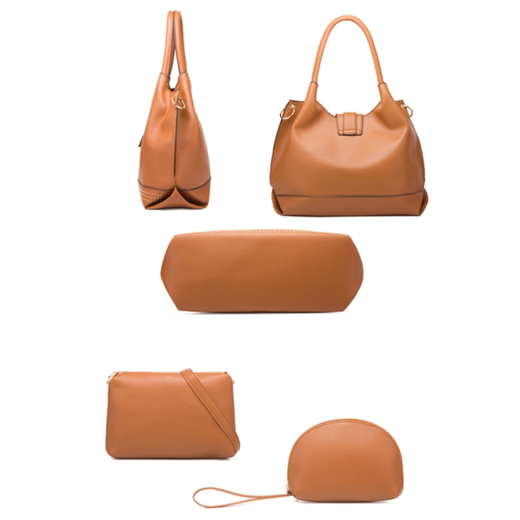 002 3 in 1 Ladies Rivet Diagonal Handbags PU Large-Capacity Bags(Brown) - B2