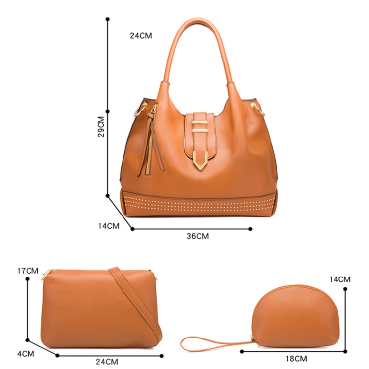 002 3 in 1 Ladies Rivet Diagonal Handbags PU Large-Capacity Bags(Brown) - B3
