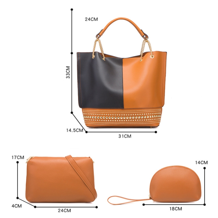 1918 3 in 1 PU Shoulder Handbags Large-Capacity Rivet Bags(Black Brown) - B3