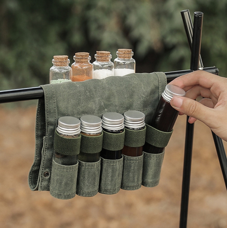 Outdoor Camping Spice Bottle Storage Bag with 9 Glass Bottles(Khaki) - B6
