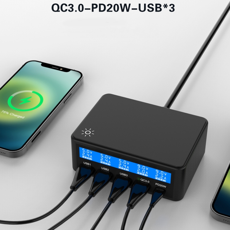 618 QC3.0 + PD20W + 3 x USB Ports Charger with Smart LCD Display, EU Plug (White) - B5