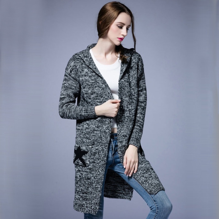 Women Winter Hooded Long Knit Cardigan(Color:Grey Size:One Size)