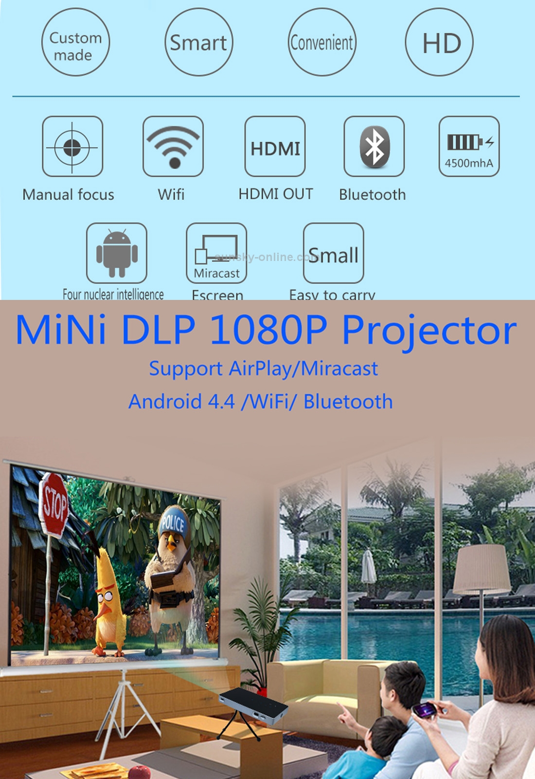 Sunsky Javoda P8 50lm Mini Wifi Smart 854 480 Wvga Dlp 0 3 Inch Em Dmd Portable Led Projector With Remote Control Holder Android 4 4 Rk3128 1gb Ram 8gb Rom Wifi Bt Hdmi Black