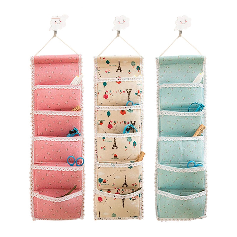 Sunsky Linen Cotton 5 Pocket Wall Hanging Bag Storage Organizer