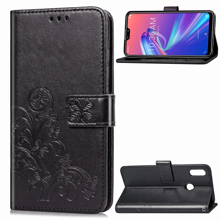 

Lucky Clover Pressed Flowers Pattern Leather Case for ASUS ZB631KL, with Holder & Card Slots & Wallet & Hand Strap (Black)