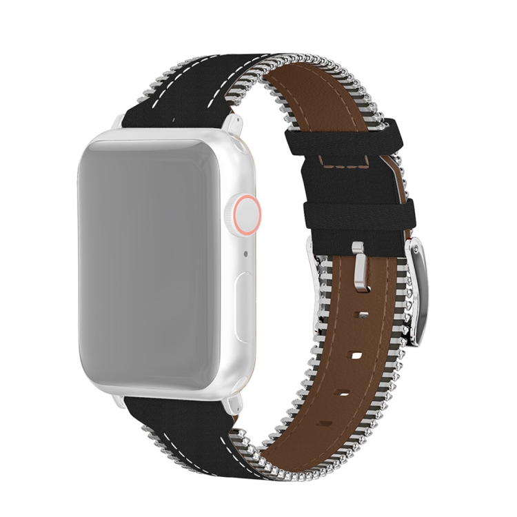 

For Apple Watch Series 5 & 4 44mm / 3 & 2 & 1 42mm Zipper Leather Watchband (Black)