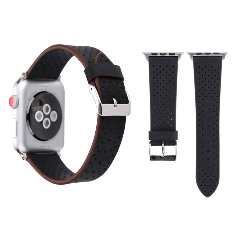 

For Apple Watch Series 3 & 2 & 1 42mm Simple Fashion Genuine Leather Hole Pattern Watch Strap(Black)