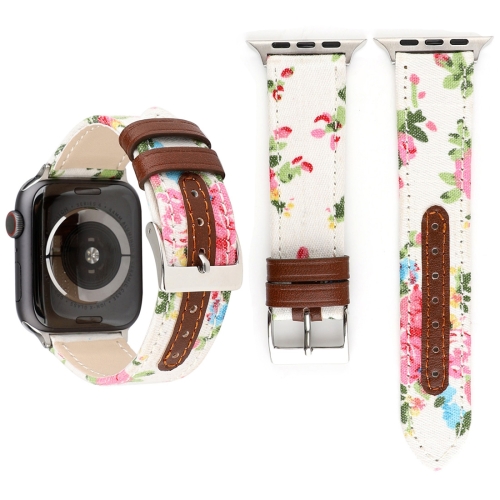 

Denim Flower Pattern Genuine Leather Watch Strap for Apple Watch Series 4 44mm (White)