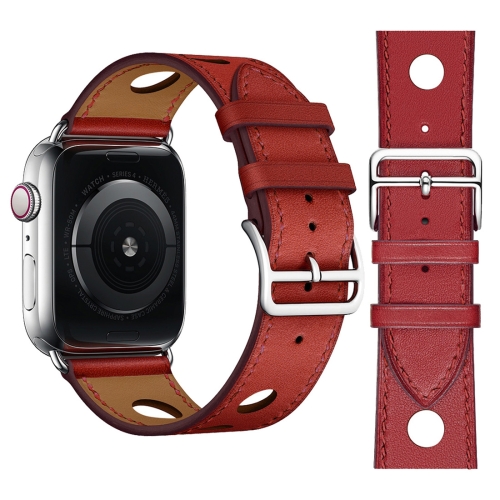 

Fashionable Single Circle Three Holes Genuine Leather Watch Strap for Apple Watch Series 4 44mm (Red)