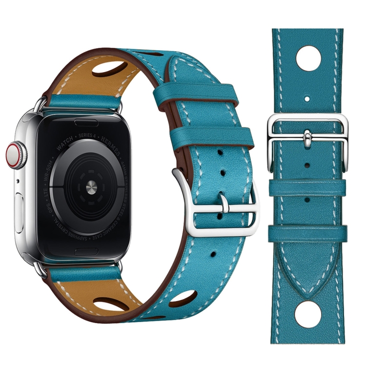 

Fashionable Single Circle Three Holes Genuine Leather Watch Strap for Apple Watch Series 5 & 4 40mm / 3 & 2 & 1 38mm(Blue)