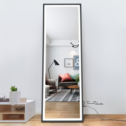 

[US Warehouse] Rectangular Aluminum Frame Floor Mirror Wall-mounted Full-length Mirror Bedroom Mirror with Brightness Adjustment LED Light, Size: 65 x 22 inch, US Plug(Black)
