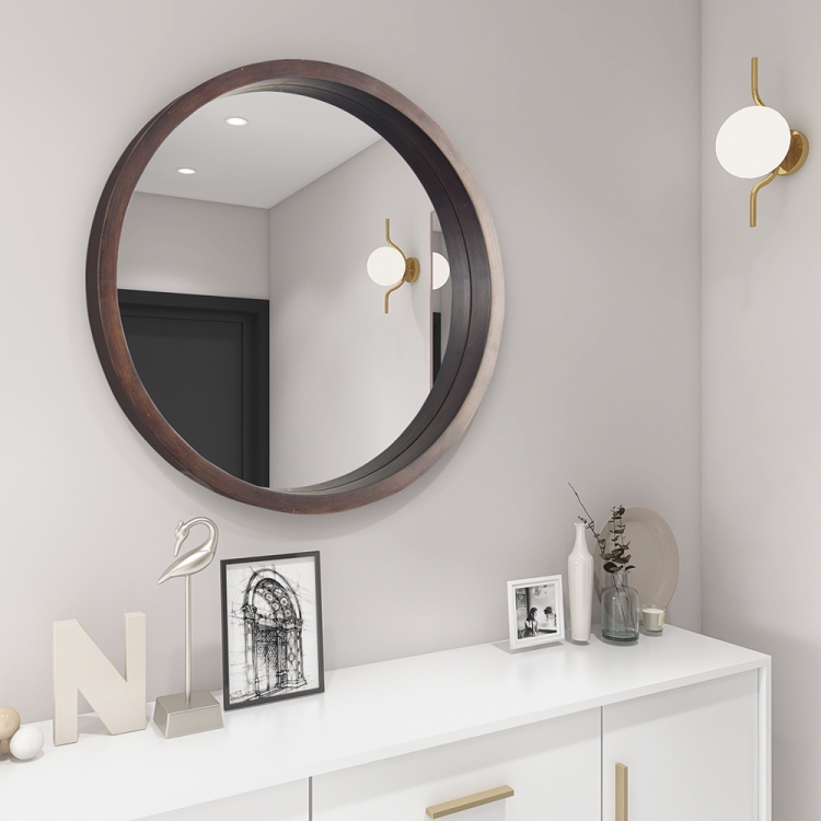 

[US Warehouse] Wall-mounted Round Wooden Frame Bathroom Vanity Mirror, Size: 30 x 30 x 1.57 inch
