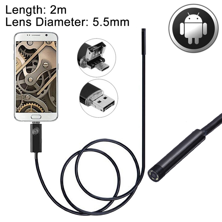 

2 in 1 Micro USB & USB Endoscope Waterproof Snake Tube Inspection Camera with 6 LED for Newest OTG Android Phone, Length: 2m, Lens Diameter: 5.5mm