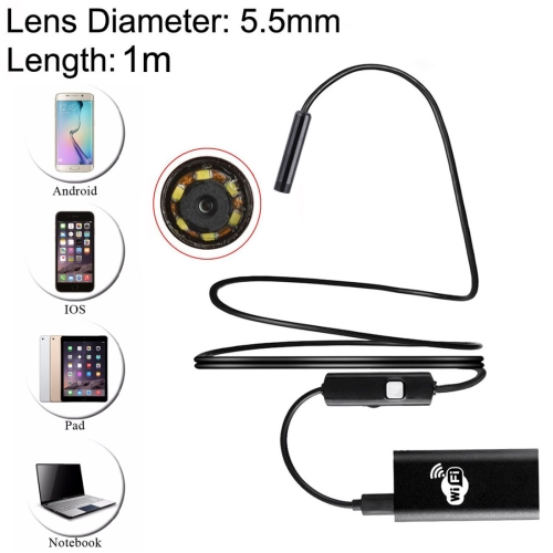 

1.0MP HD Camera 30m Wireless Distance Metal WiFi Box Waterproof IPX67 Endoscope Snake Tube Inspection Camera with 6 LED for Android & iOS, Length: 1m, Lens Diameter: 5.5mm(Black)
