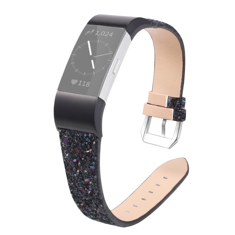 

For Fitbit Charge 2 Slim Sequin 3D Flash Leather Strap (Black)