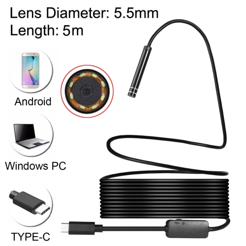 

USB-C / Type-C Endoscope Waterproof IP67 Snake Tube Inspection Camera with 8 LED & USB Adapter, Length: 5m, Lens Diameter: 5.5mm