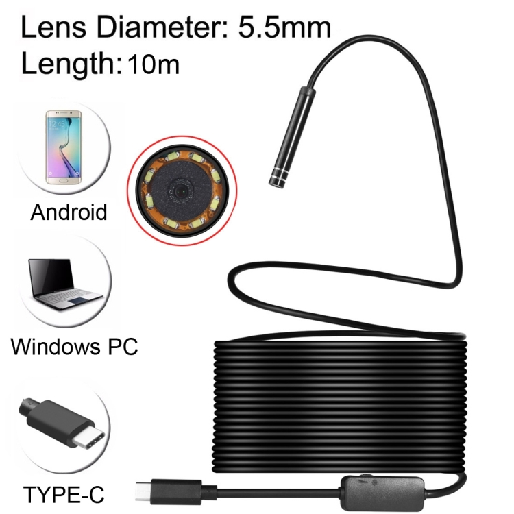 

USB-C / Type-C Endoscope Waterproof IP67 Snake Tube Inspection Camera with 8 LED & USB Adapter, Length: 10m, Lens Diameter: 5.5mm