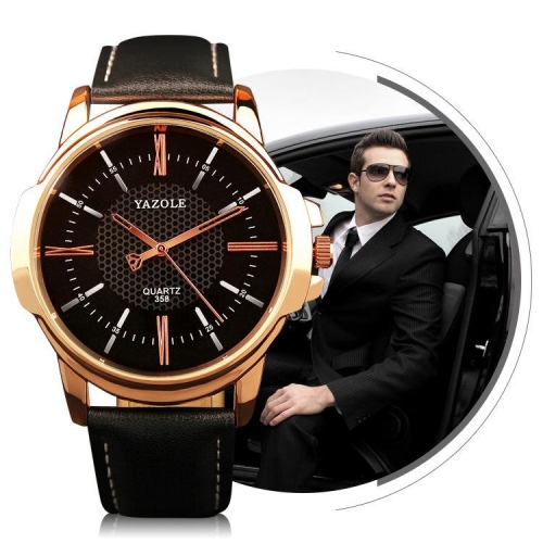 

358 YAZOLE Men Fashion Business Waterproof Leather Band Quartz Wrist Watch(Black)