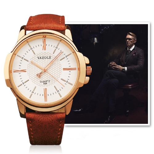 

358 YAZOLE Men Fashion Business Waterproof Leather Band Quartz Wrist Watch(Brown)