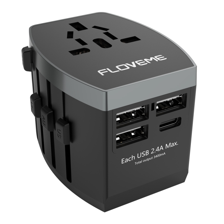 

FLOVEME 3 USB Ports + 1 USB-C / Type-C International Wall Travel Charger US, UK, AU, EU Worldwide AC Power Plug 8 Pin AC Socket Adapter(Black)