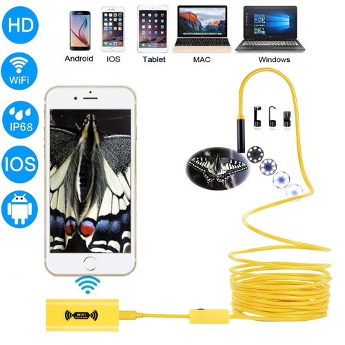 

1200P HD Pixels WiFi Endoscope Snake Tube Inspection Camera with 8 LED, Waterproof IP68, Lens Diameter: 8mm, Length: 2m, Hard Line(Yellow)