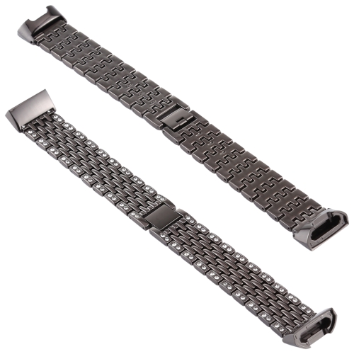 

For Fitbit Charge 3 Diamond-studded Stainless Steel Replacement Wrist Strap Watchband (Black)