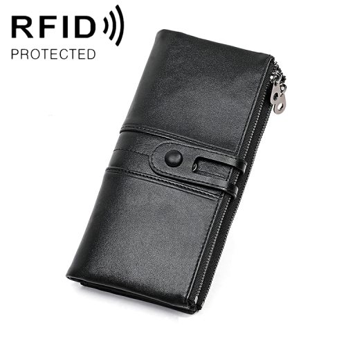 

3520 Long Cowhide Leather Folding Anti-magnetic RFID Wallet for Ladies, with Card Slots(Black)