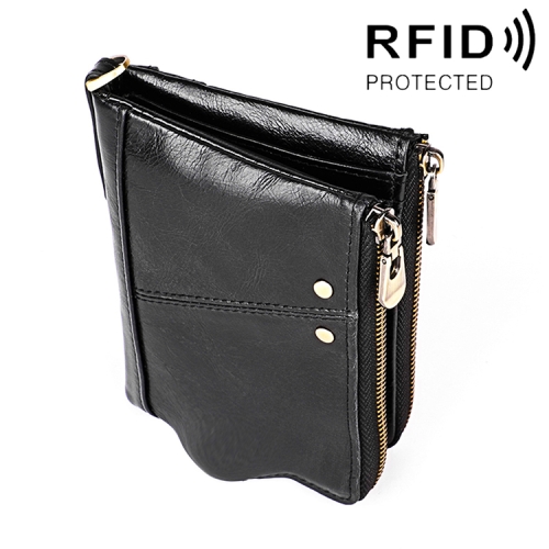 

3533 Long Crazy Horse Texture Cowhide Leather Folding Anti-magnetic RFID Wallet Clutch Bag for Men, with Card Slots(Black)