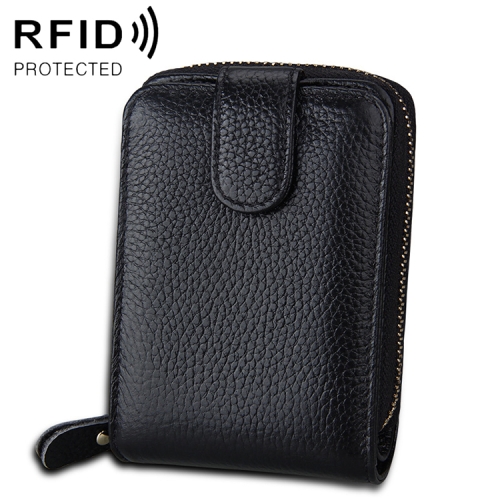 

KB32 Buckle Litchi Texture Cowhide Leather Organ Shape Multiple Card Slots Anti-magnetic RFID Wallet for Men / Women(Black)