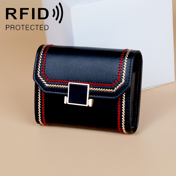 

KB190 Cover Type Snap Button Cowhide Leather Organ Shape Multiple Card Slots Anti-magnetic RFID Wallet for Ladies(Black)