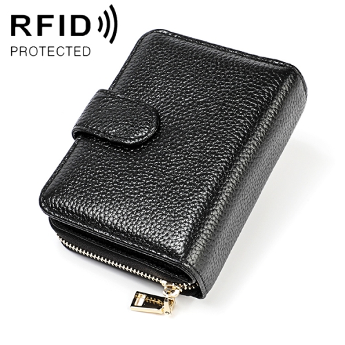 

KB192 Buckle Zipper Cowhide Leather Organ Shape Multiple Card Slots Anti-magnetic RFID Wallet Clutch Bag for Men(Black)