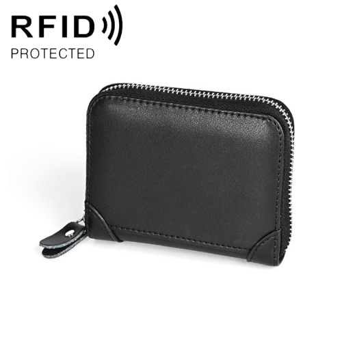

KB210 Zipper Cowhide Leather Organ Shape Multiple Card Slots Anti-magnetic RFID Wallet Clutch Bag for Ladies, with 2 Photo Holders (Black)